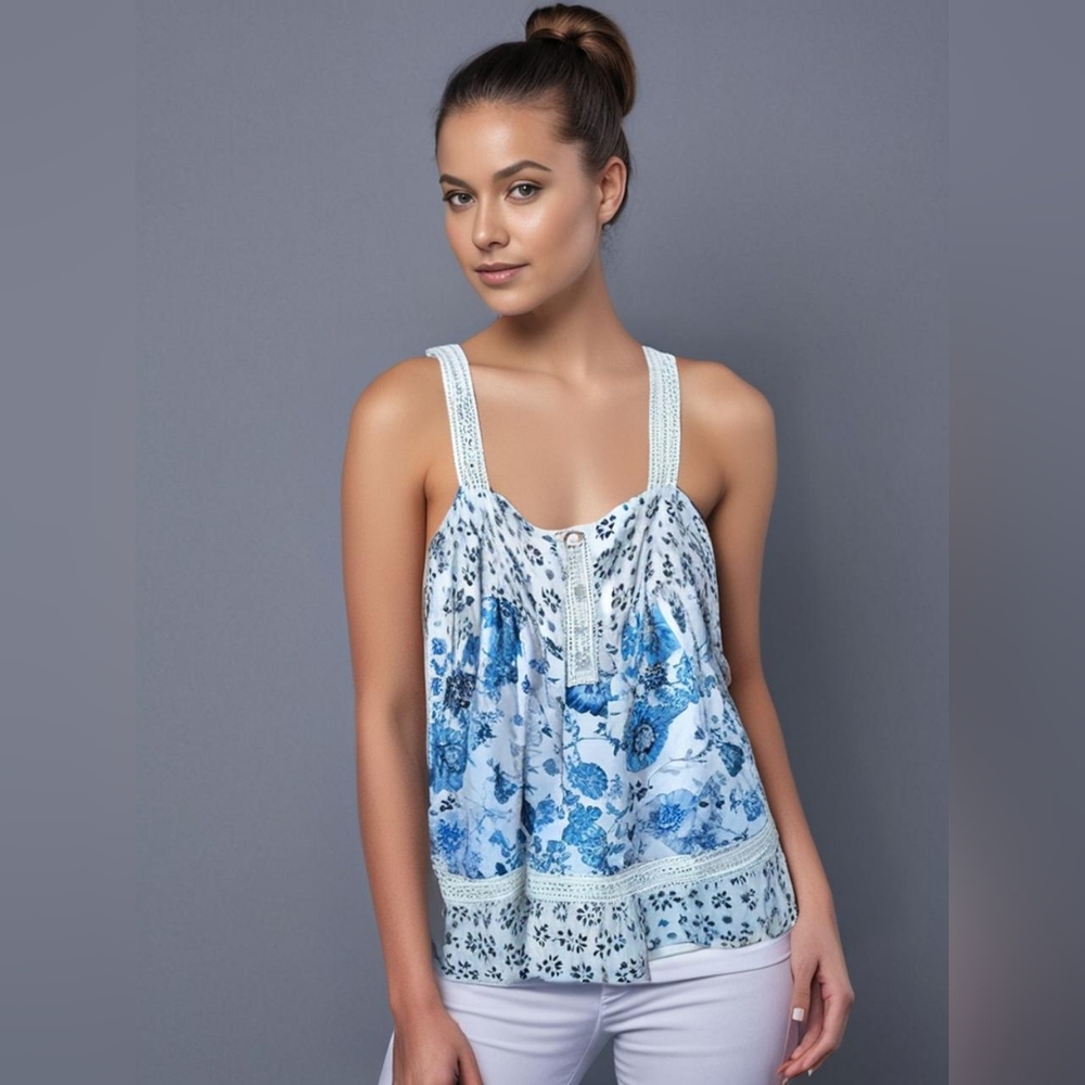 Stony Blue and White Floral Sleeveless Tank Top